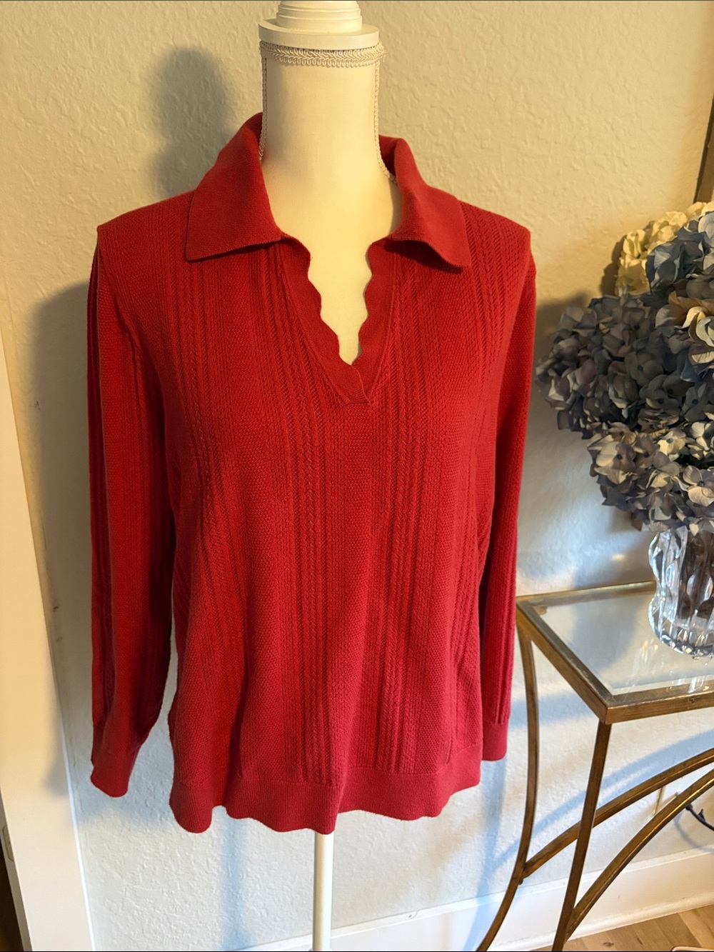 CAbi Red V-Neck Collared Knit long sleeve Sweater Sz Large